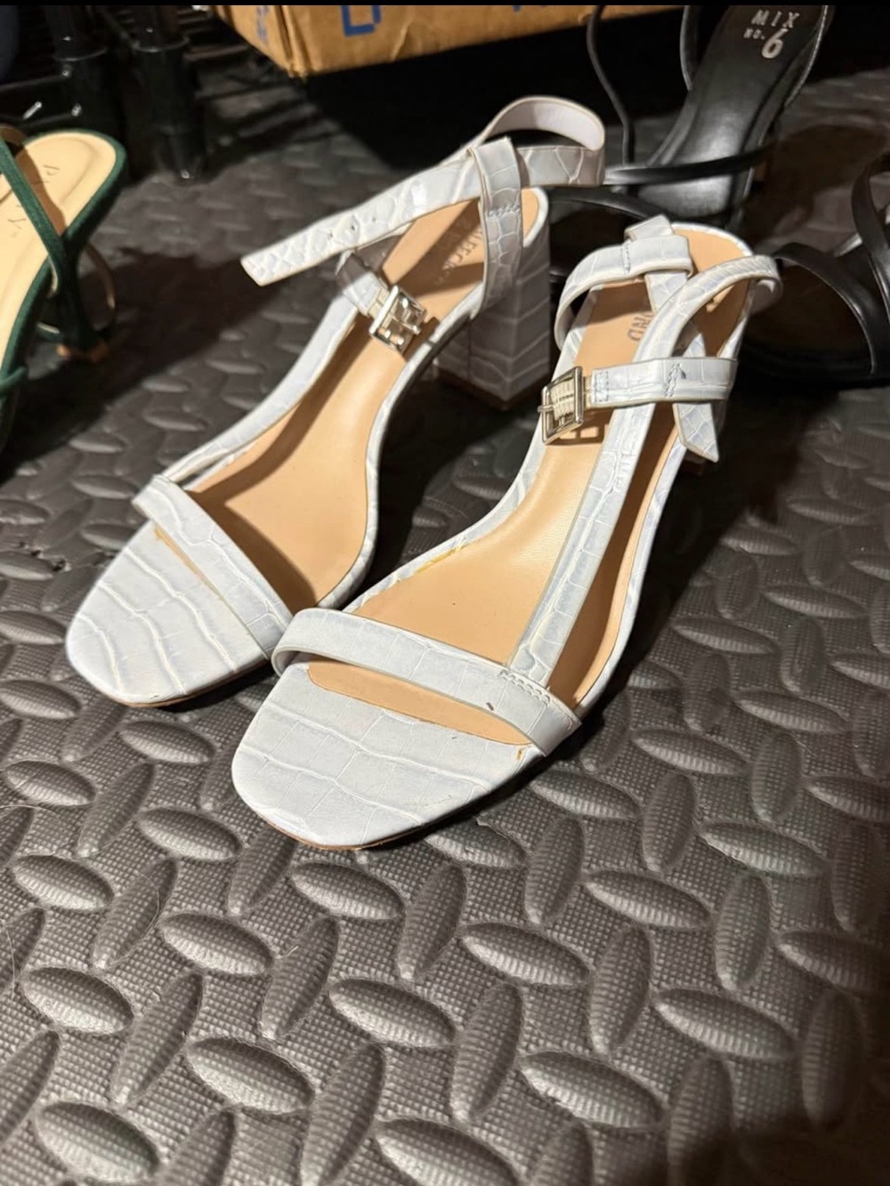 Block Heel Ankle Strap Sandals in Light Gray - Women